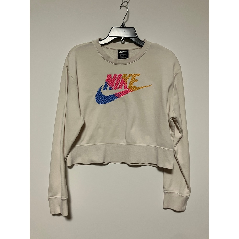 Nike Women Cropped Sweatshirt M Cream Pixelated Rainbow Logo Pullover